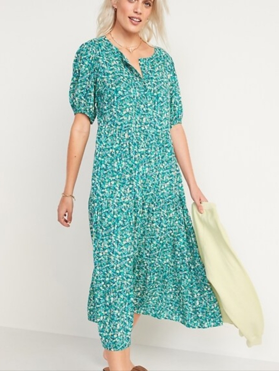 Old Navy Dresses & Skirts - Old Navy Womens Medium Dress Green Floral Puff Sleeve Button Front Midi Tiered